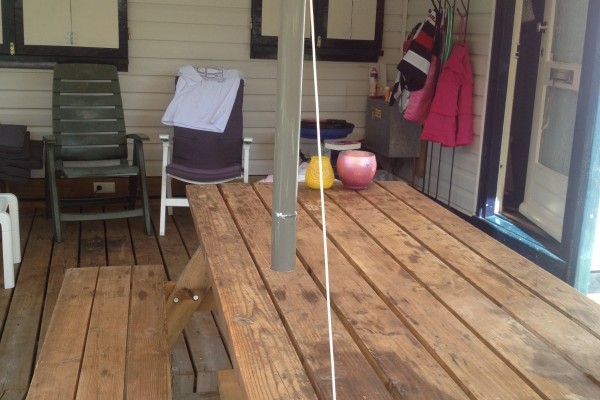 borging parasol de parasol moet als extra beveiliging (voor onverwachtse windvlaag) aan een balk van de picknicktafel worden gebonden
Bij dreiging van regen en wind altijd parasol inklappen en droog wegleggen.
In de zomer hoeft de parasol niet in de hoes, dat doen we aan het einde van het zomerseizoen. Tijdens de zomerperiode droog!!! inklappen en op de beugels bewaren